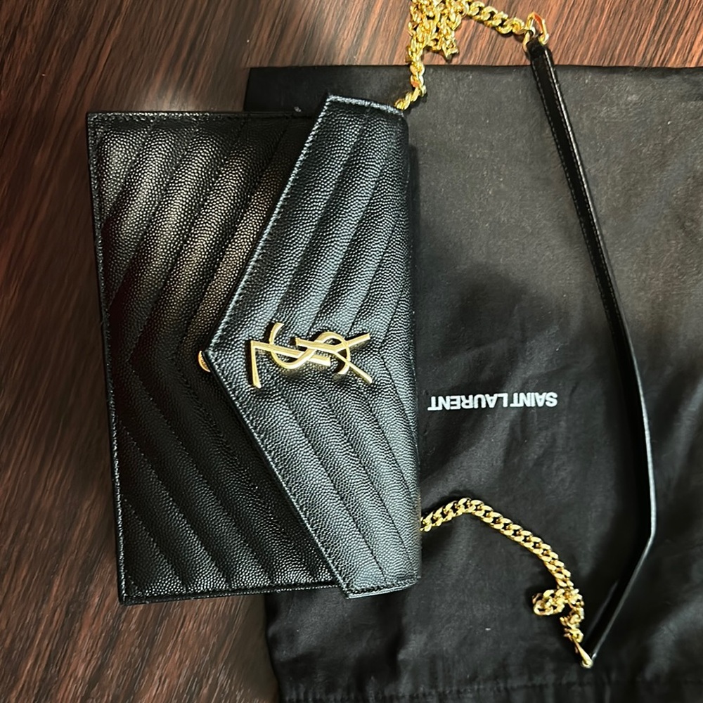 Saint Laurent Black Quilted Crossbody with Gold Chain